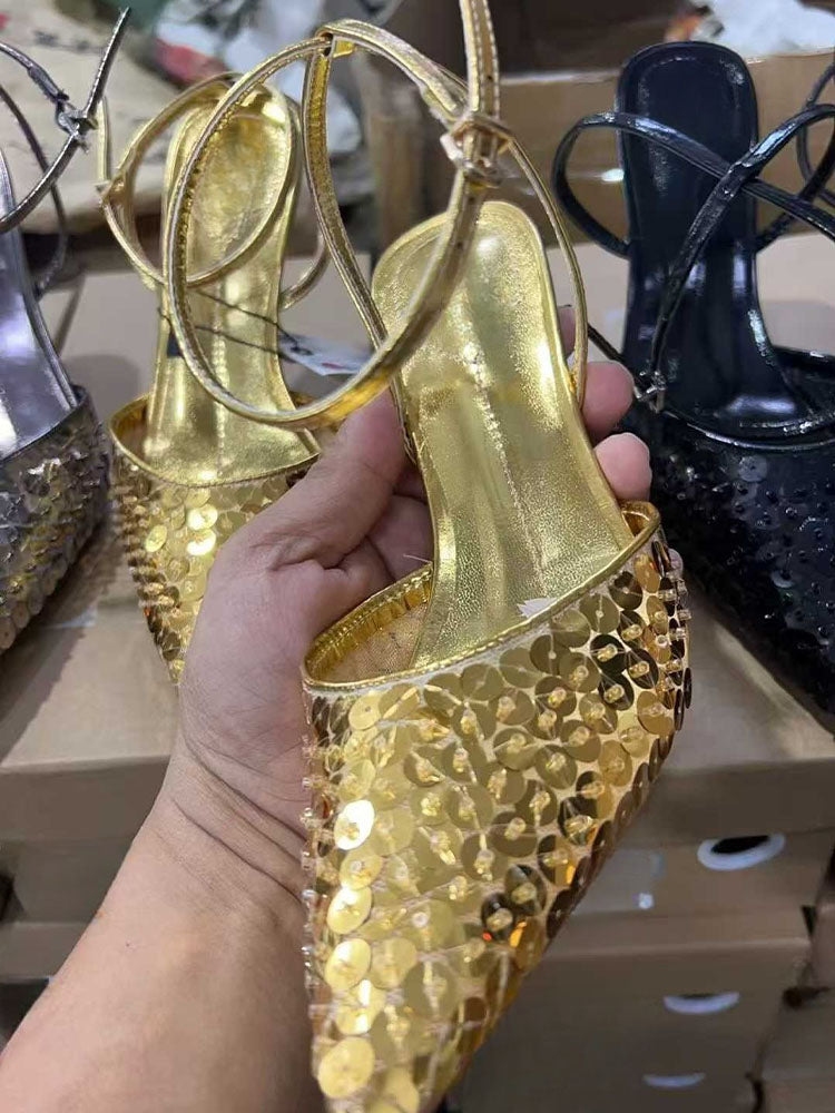 2026 New Style Elegant Sequined Pointed Toe Sandals for Women - High Heels