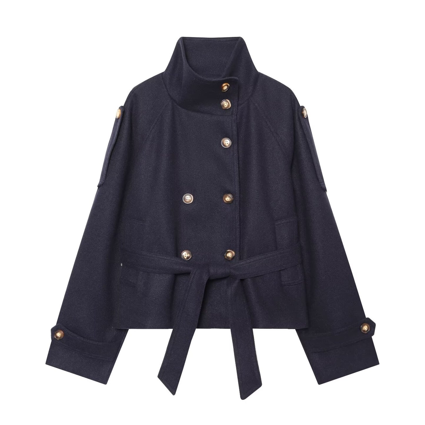 Women's with belt standing collar woolen coat