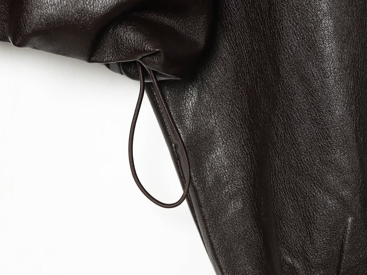 Women's drawstring decorative hooded faux leather Coat