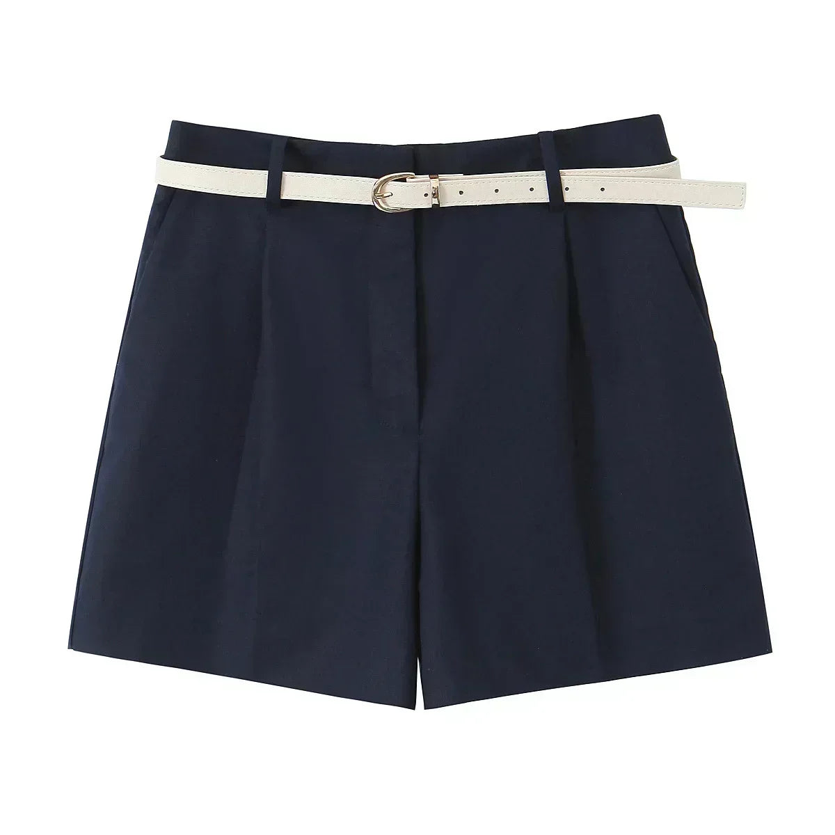 Women's New Chic Fashion Belt Decoration Casual Versatile Pleated Shorts Retro High Waist Side Pocket Women's Shorts