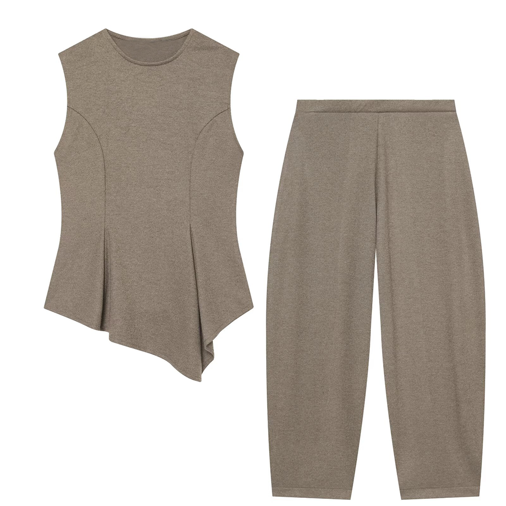 suit Women's 2 pieces O-Neck soft texture short skirt style hem top+pants