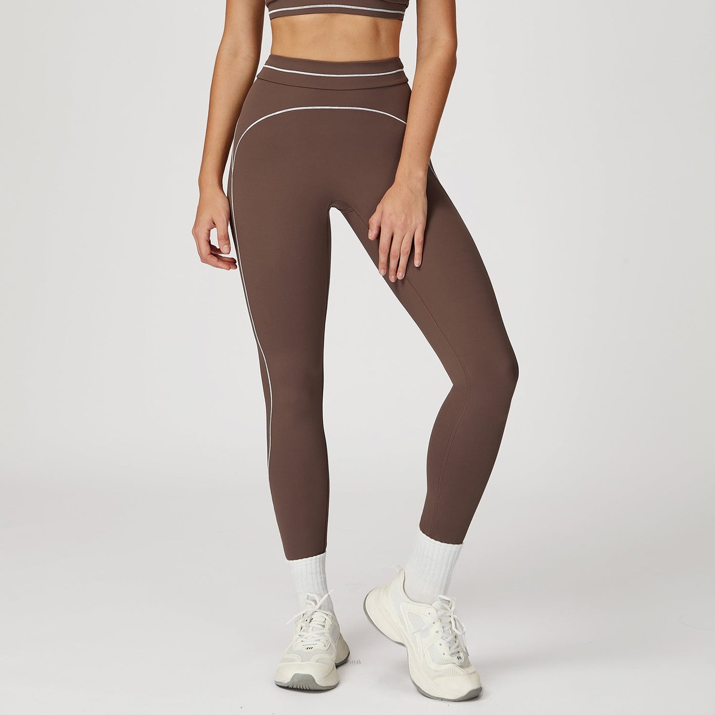 2026 women's new contrast sanding yoga pants high waist tight pants