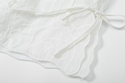 Women's bow decoration hollow embroidery top
