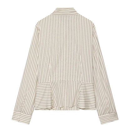 Women's bow decoration stand collar striped shirt