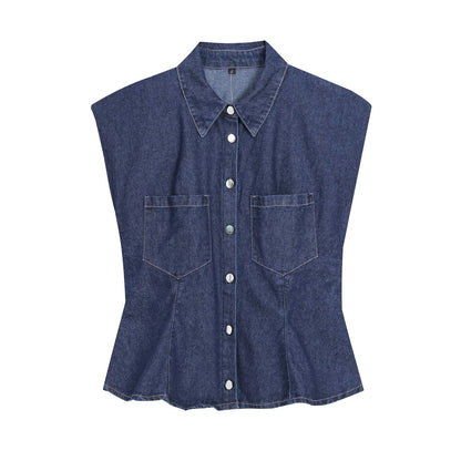 suit Women's 2 pieces pocket decoration sleeveless denim shirt+bucket jeans