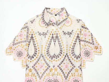Women's hollow embroidered short sleeved shirt