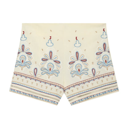 suit Women's 2 pieces linen blend embroidered top+Shorts