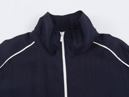 Women's stand collar contrasting striped loose Coat