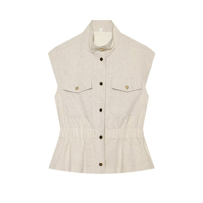 Women's pocket decoration linen blend vest