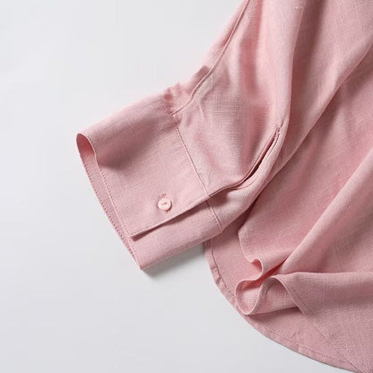 Women's long sleeved linen blended V-neck shirt