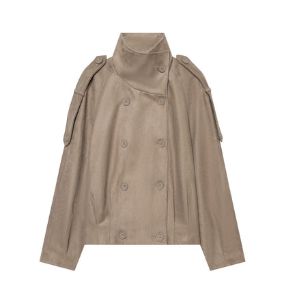 Women's suede textured stand collar double breasted Coat