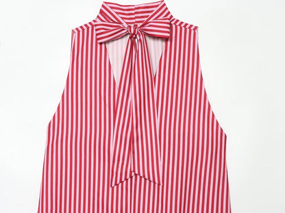 Women's bow decoration asymmetrical striped top
