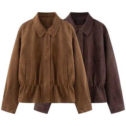 Women's suede textured waist cinched retro jacket