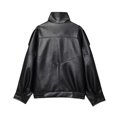 Women's new loose stand collar Faux Leather jacket Coat