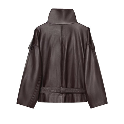 Women's with belt double breasted Faux Leather jacket Coat