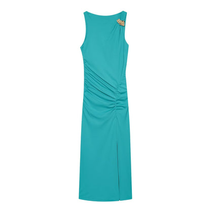 Women's slit design pleated Midi dress