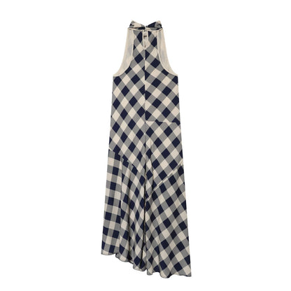Women's plaid hanging collar MIDI dress
