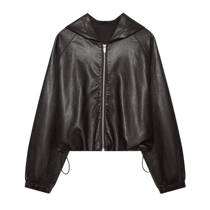 Women's drawstring decorative hooded faux leather Coat