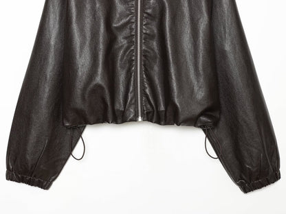 Women's drawstring decorative hooded faux leather Coat