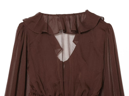 Women's slightly transparent ruffled V-neck top