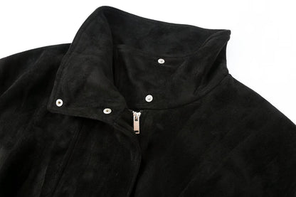 Women's suede textured black pilot jacket Coat