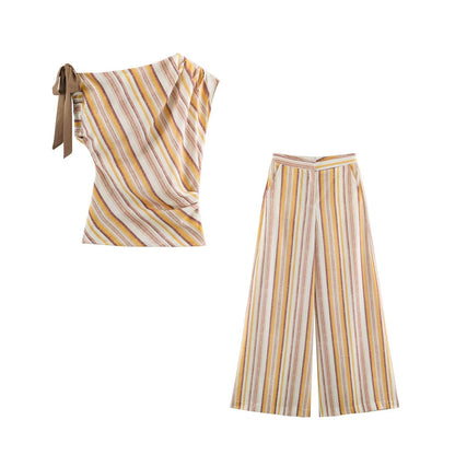 suit Women's 2 pieces bow decoration linen blended striped top+Pants