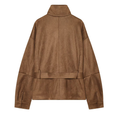 Women's with belt suede leather texture jacket Coat