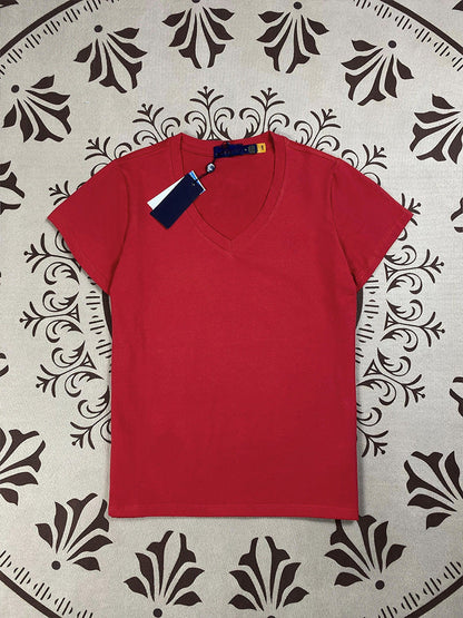 Women's New Fashion Joker Embroidered Pure Cotton Solid Color V-neck Slim T-shirt