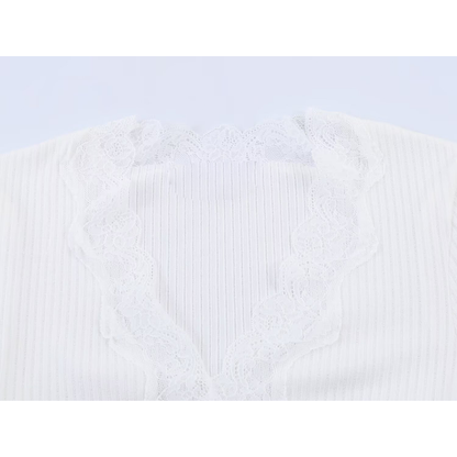 Women's slim V-neck lace ribbed T-shirt