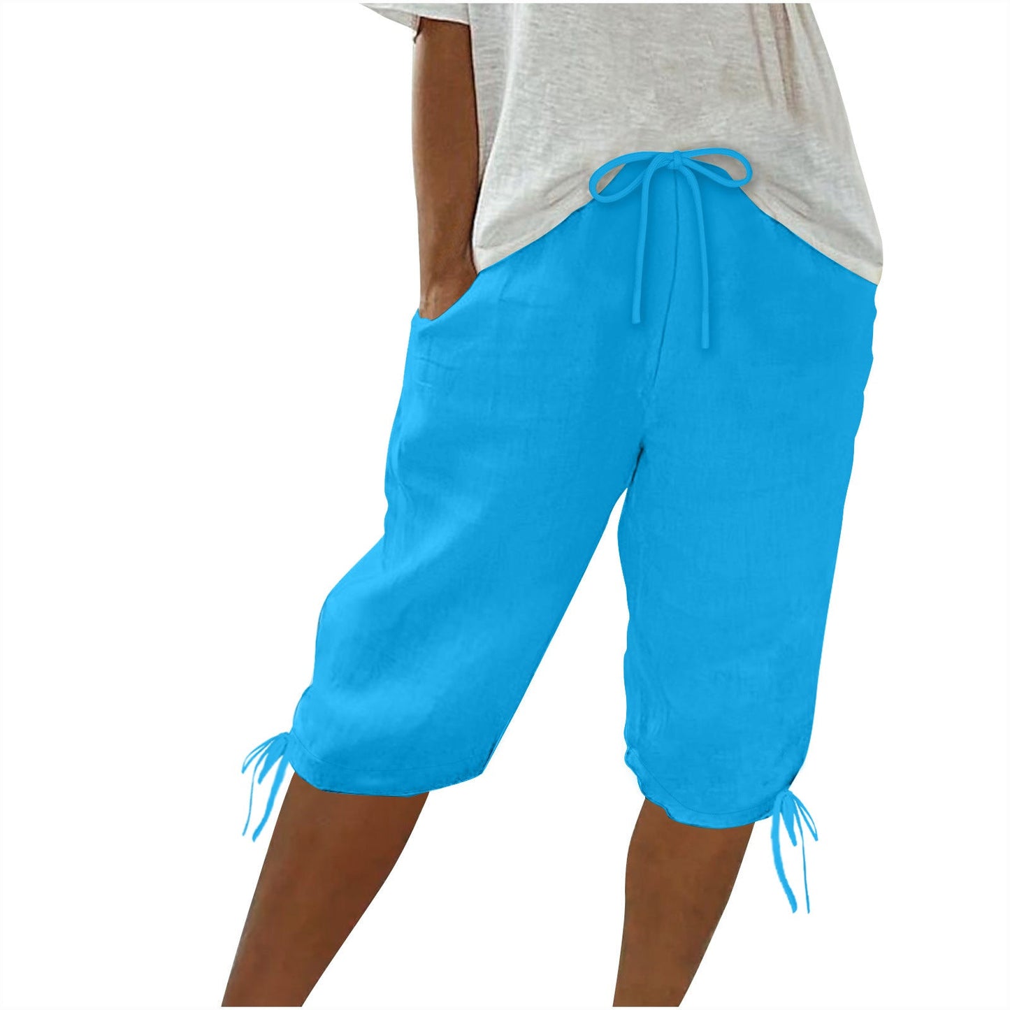2026 women's new cotton and linen pocket elastic drawstring pants