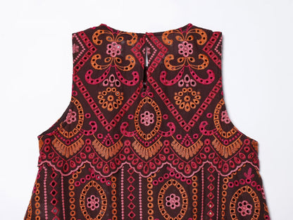 suit Women's 2 pieces hollowed out embroidered O-Neck top+Skirts