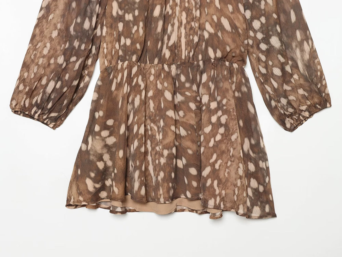 Women's retro long sleeved waist cinched printed dress