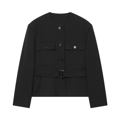 Women's With Belt round neck buckle jacket