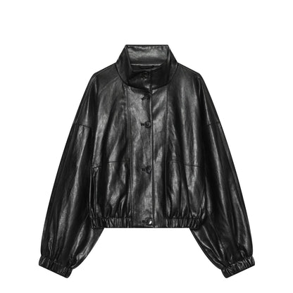 Women's black chimney collar faux leather Coat