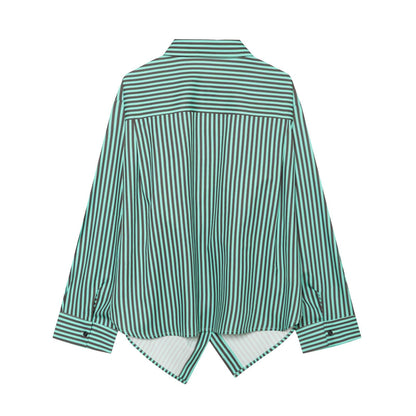Women's pleated decorative loose striped shirt