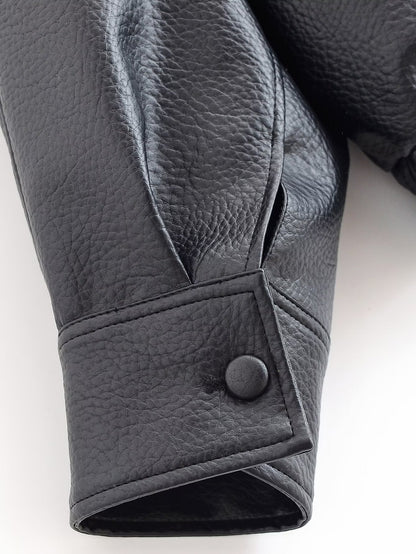 Women's 2025 fashion black stand collar patterned leather jacket Coat