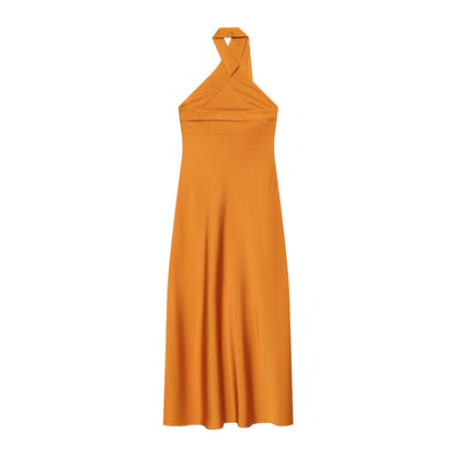 Women's satin texture hanging neck MIDI dress