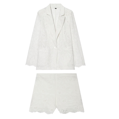 suit Women's 2 pieces with shoulder pads embroidered Blazer Coat+Shorts