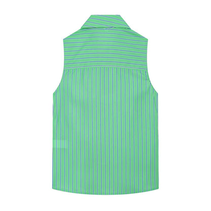Women's bow decoration striped sleeveless shirt