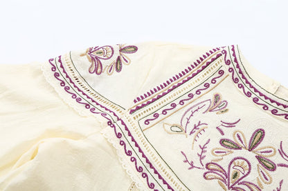 Women's embroidered decorative round neck pleated shirt