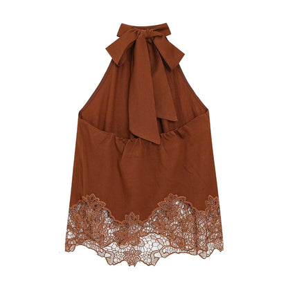 suit Women's 2 pieces hollow embroidery hanging neck top+Pants