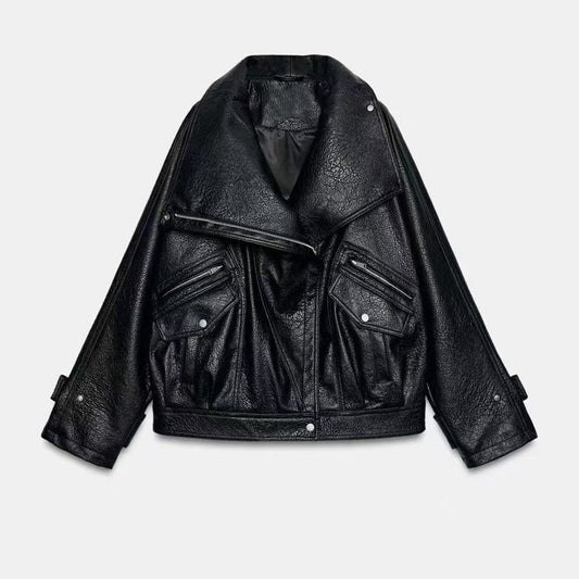 Women's new leather effect motorcycle jacket coat