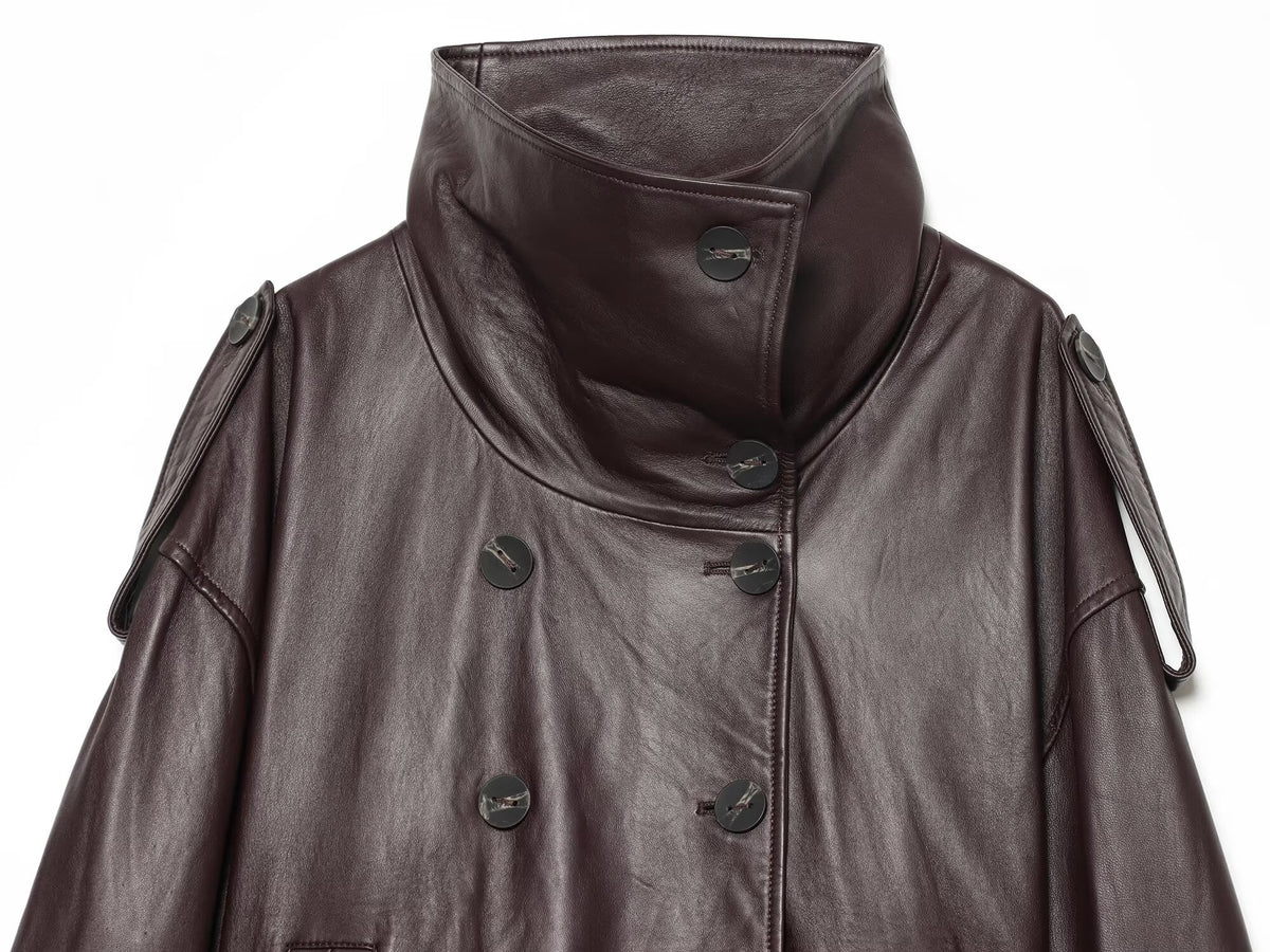 Women's with belt double breasted Faux Leather jacket Coat
