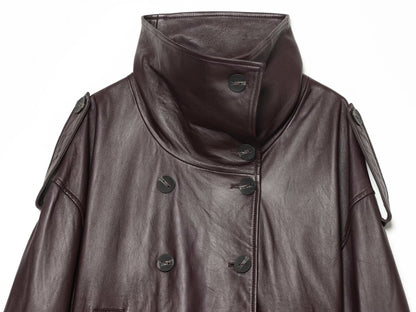 Women's with belt double breasted Faux Leather jacket Coat