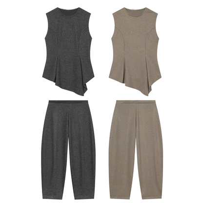 suit Women's 2 pieces O-Neck soft texture short skirt style hem top+pants