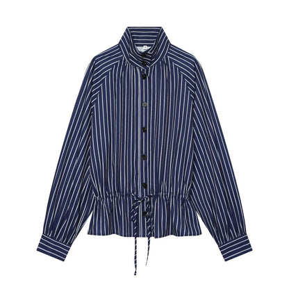 Women's with drawstring striped stand collar shirt