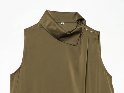 Women's shoulder button decoration satin textured top