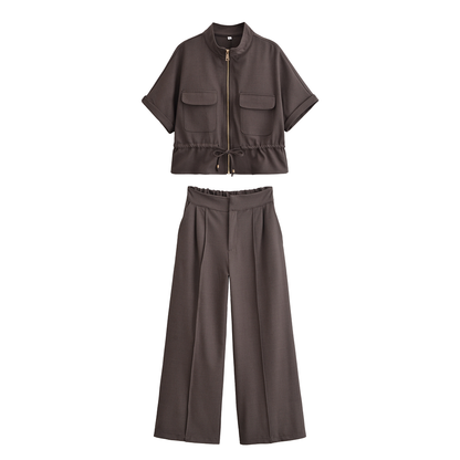 suit Women's 2 pieces short sleeved hunting shirt+Wide leg pants