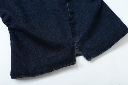 suit Women's 2 pieces bag buckle decorative denim top+high waist wide leg jeans