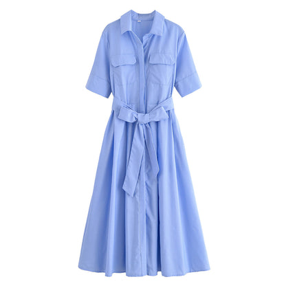 Women's with Belt shirt style poplin striped dress